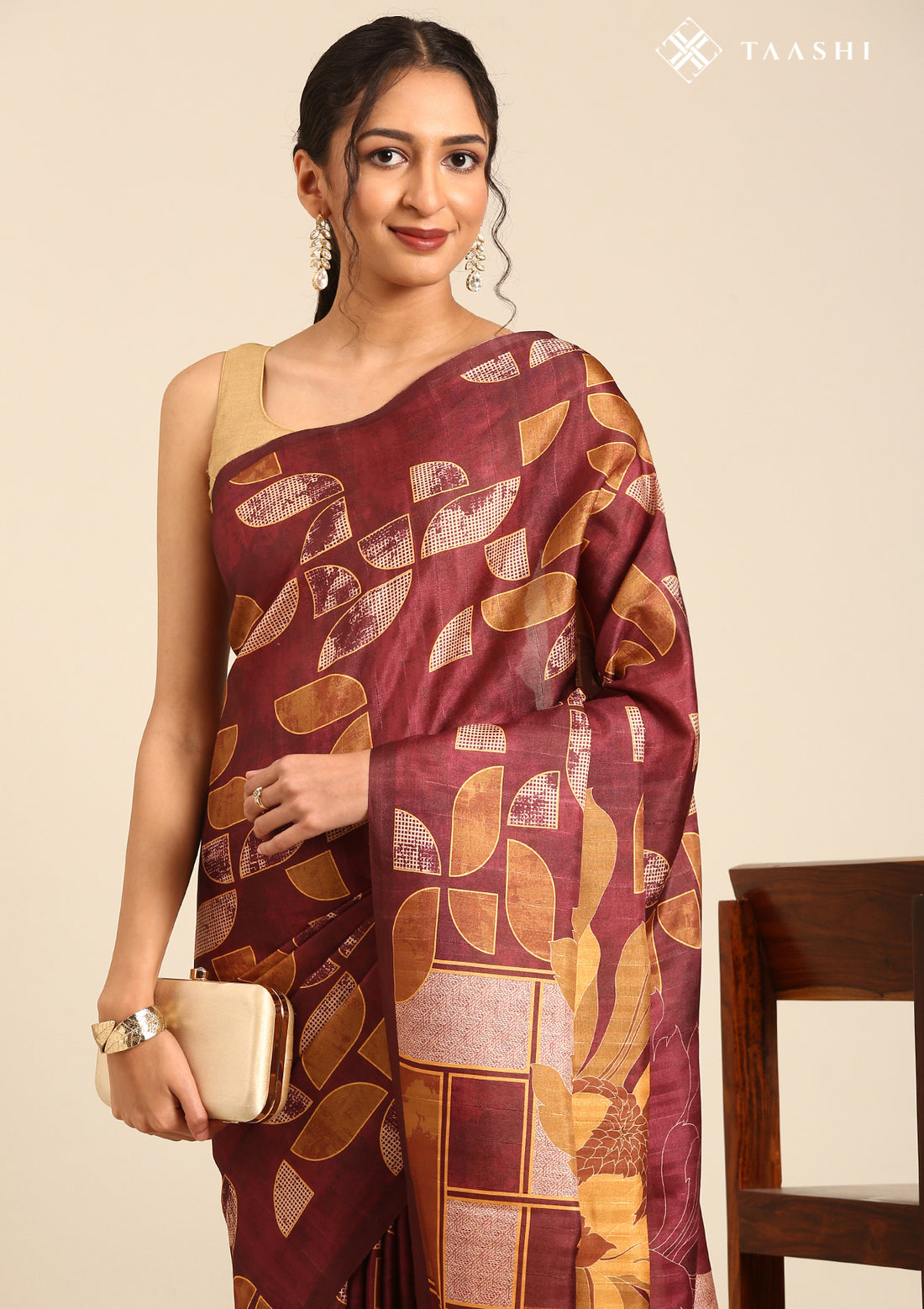 Maroon And Orange Abstract Printed Tussar Saree