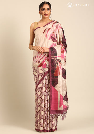 Purple Beige Abstract Printed Tussar Saree