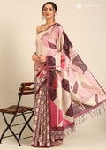 Purple Beige Abstract Printed Tussar Saree - Taashi