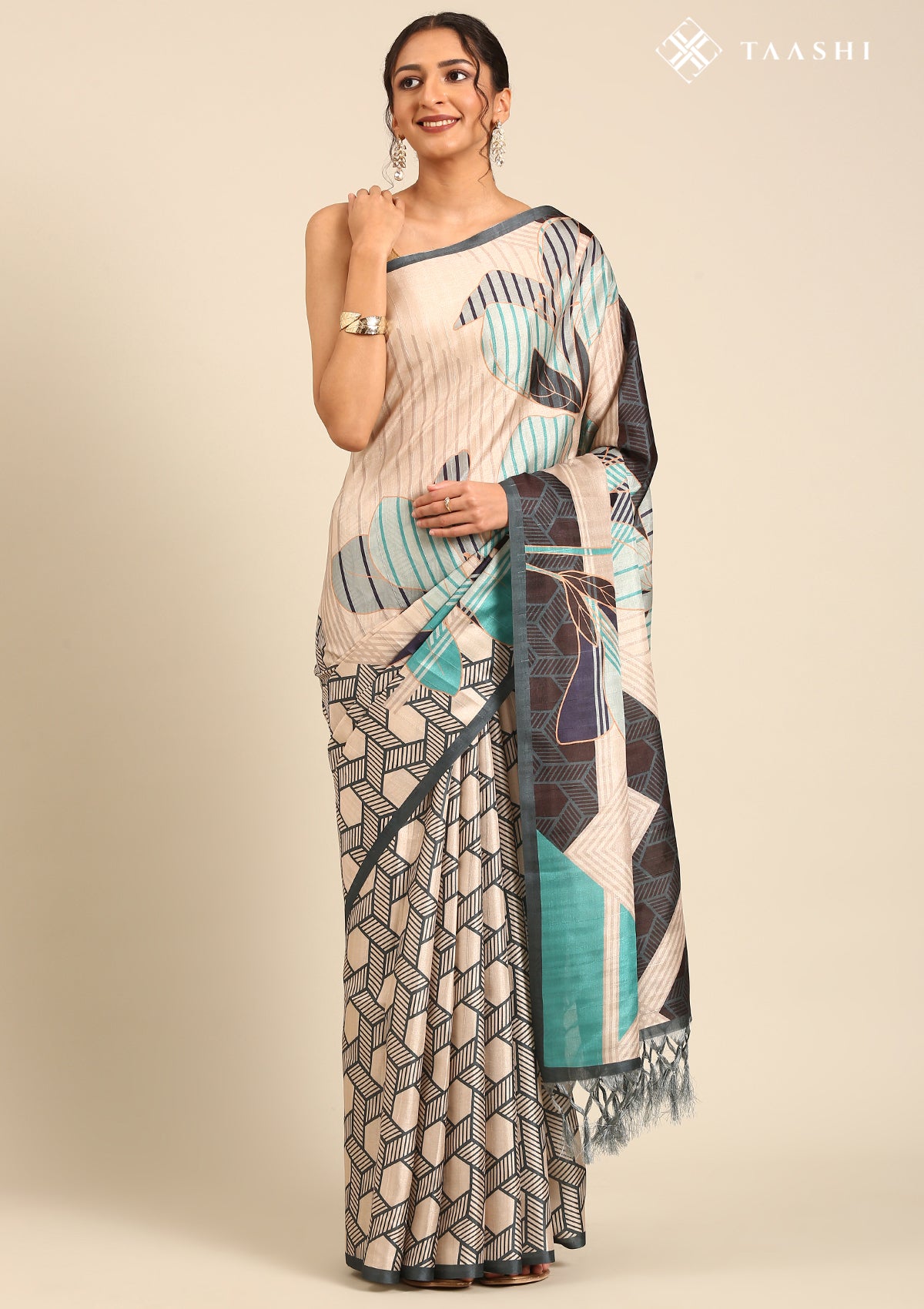 Green And Beige Abstract Printed Tussar Saree