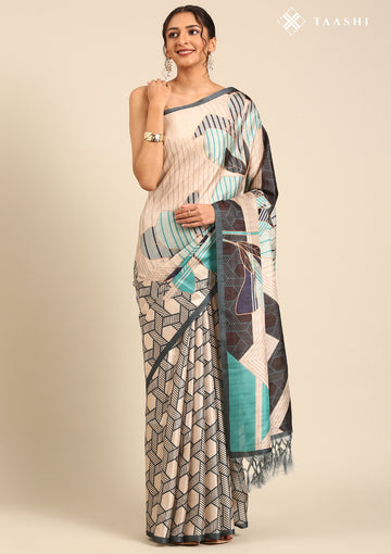 Green And Beige Abstract Printed Tussar Saree