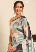 Green And Beige Abstract Printed Tussar Saree - Taashi