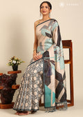 Green And Beige Abstract Printed Tussar Saree - Taashi
