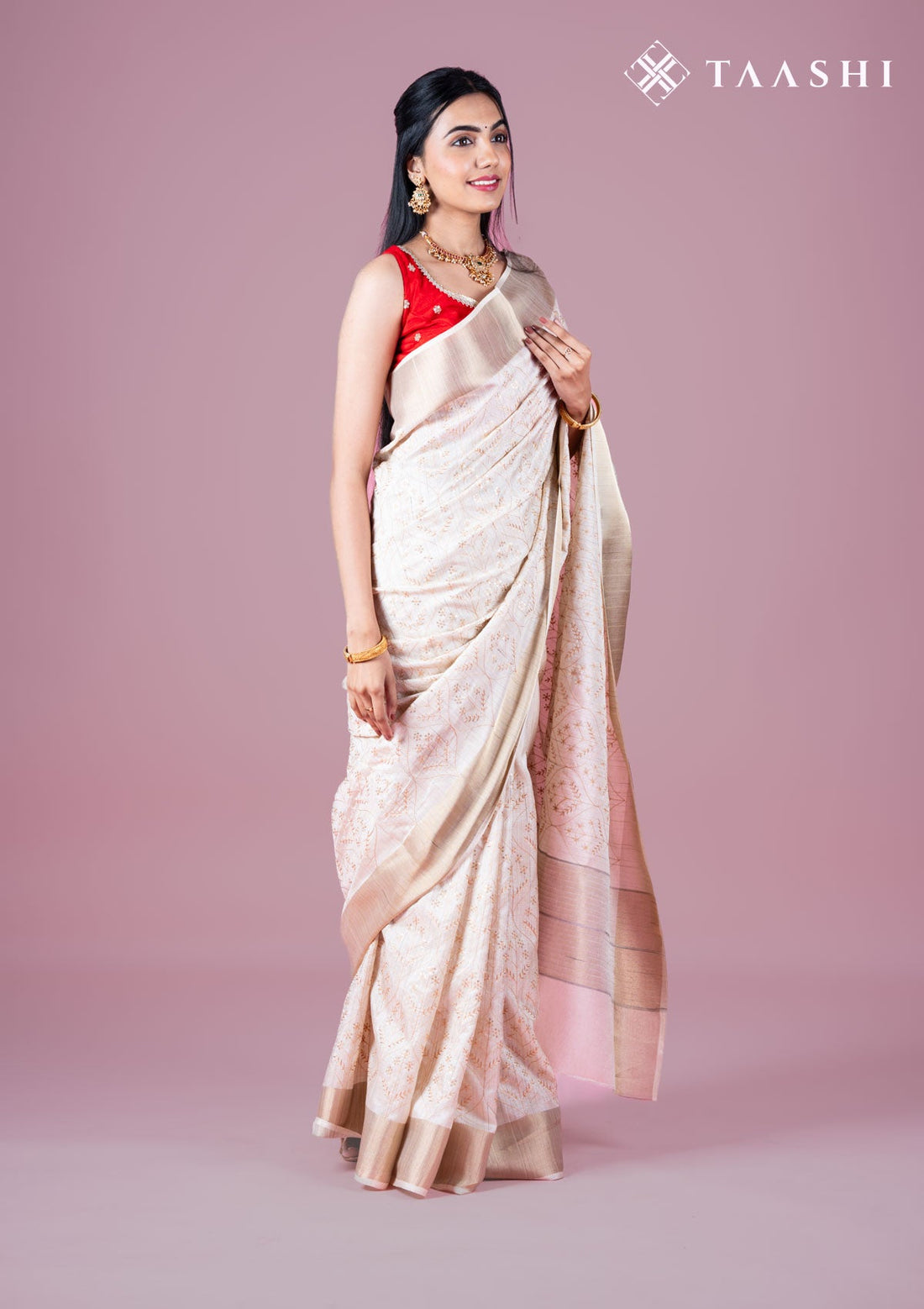 Beige Tussar Floral Sequins Embroidered Saree