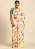 Pastel Yellow Multicolor Tropical Floral Printed Tussar Saree - Taashi