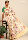 Pastel Yellow Multicolor Tropical Floral Printed Tussar Saree - Taashi