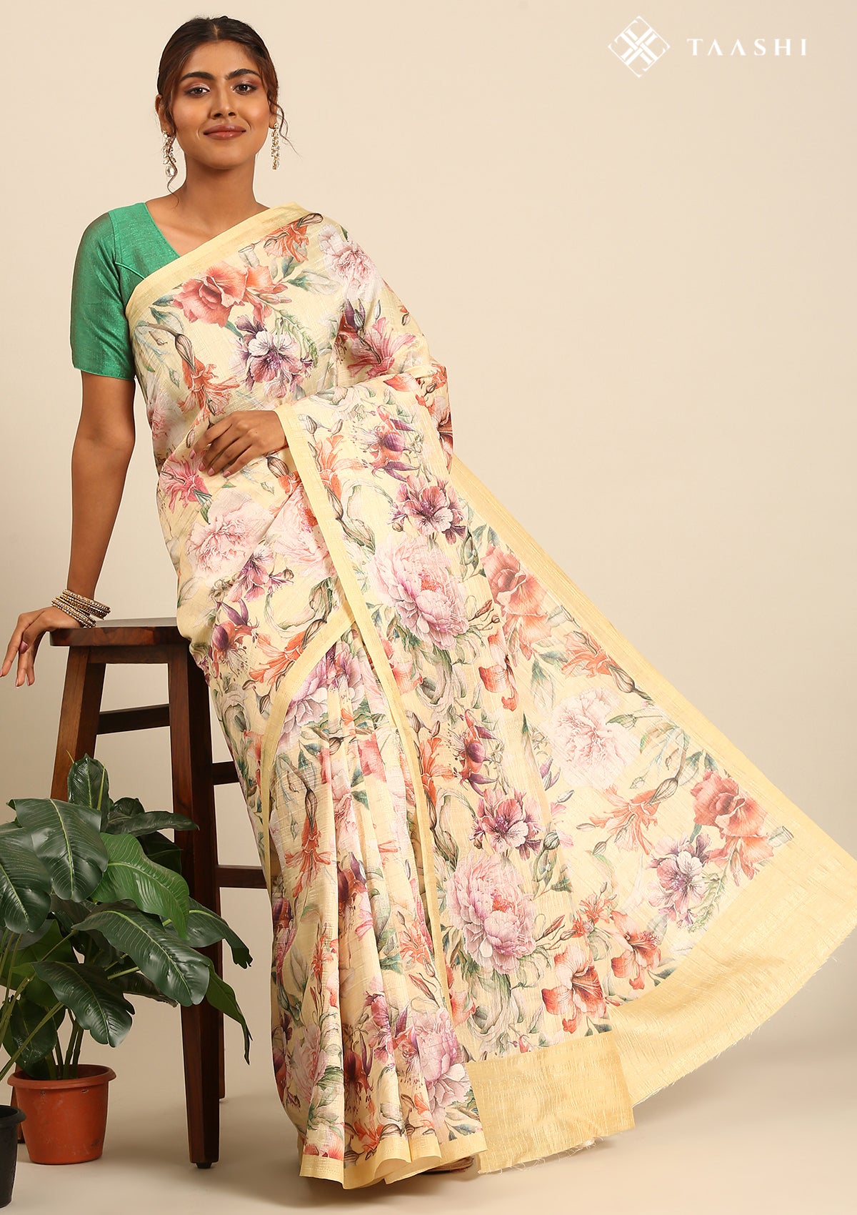 Pastel Yellow Multicolor Tropical Floral Printed Tussar Saree