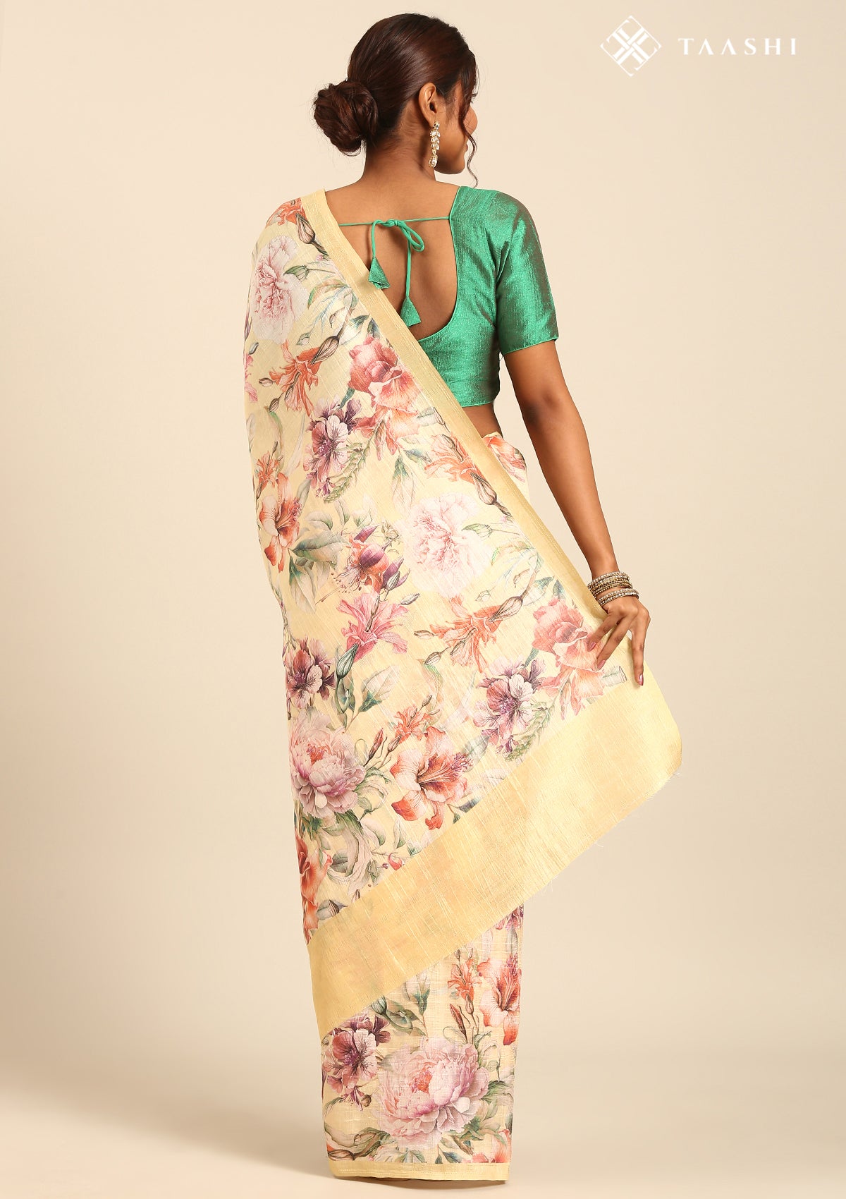 Pastel Yellow Multicolor Tropical Floral Printed Tussar Saree