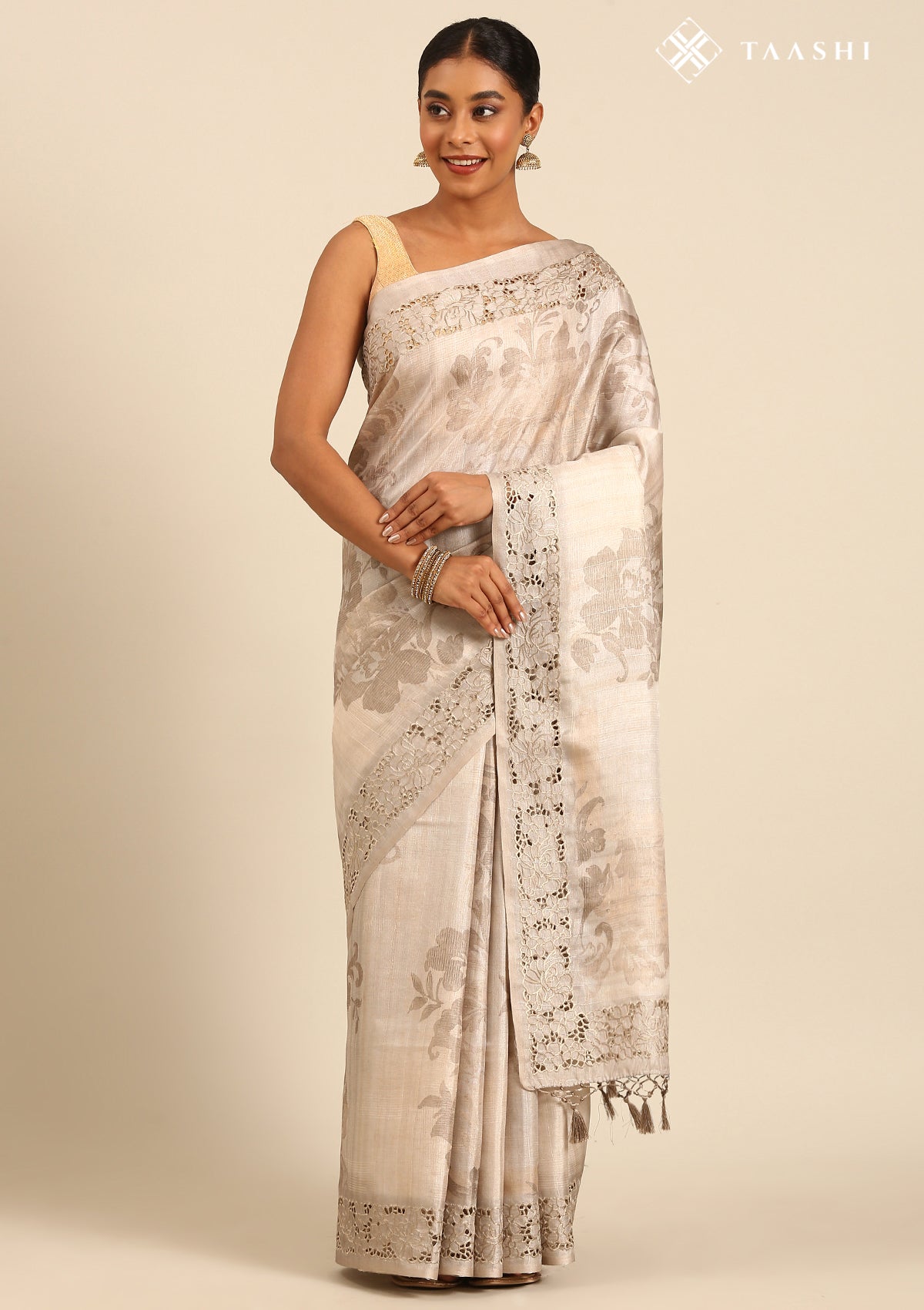 Grey Abstract Floral Printed Tussar Saree 