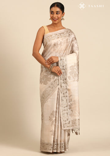 Grey Abstract Floral Printed Tussar Saree 