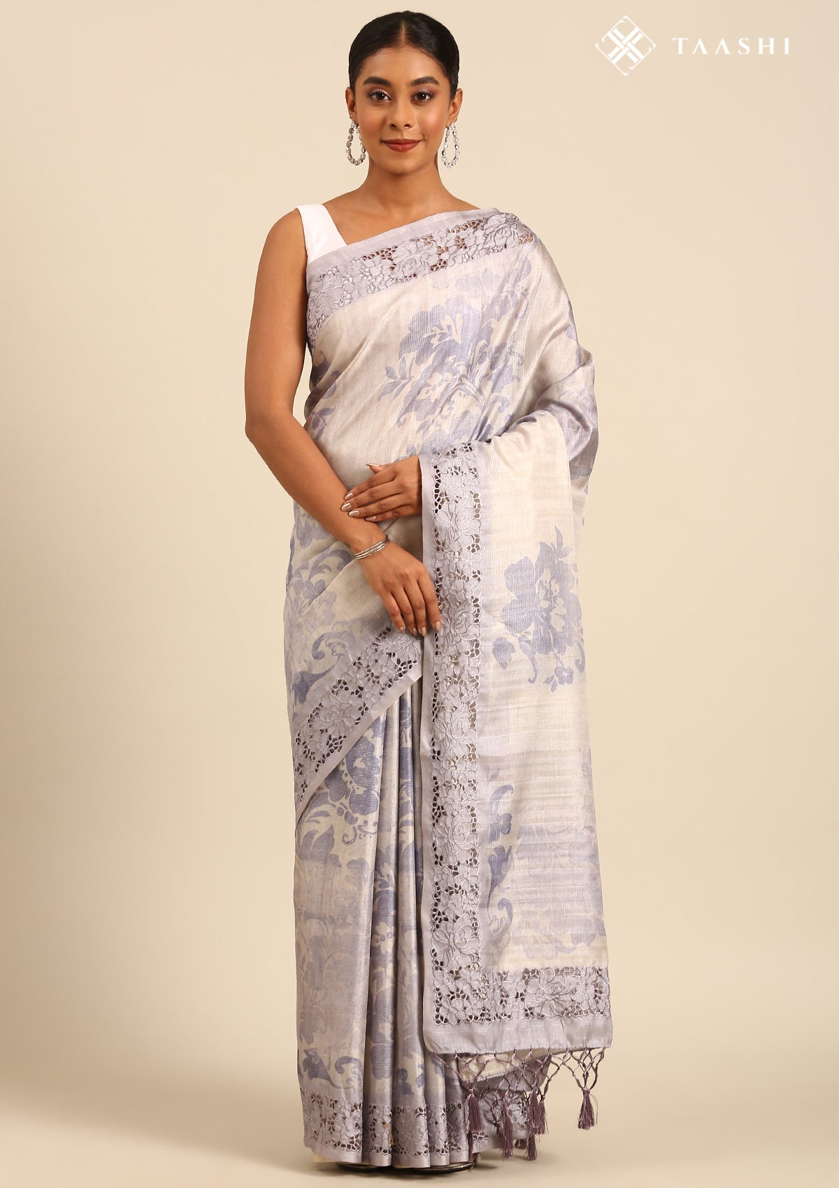 Pastel Lavender Neutral ColoRed Floral Printed EmbroideRed Cutwork Tussar Saree