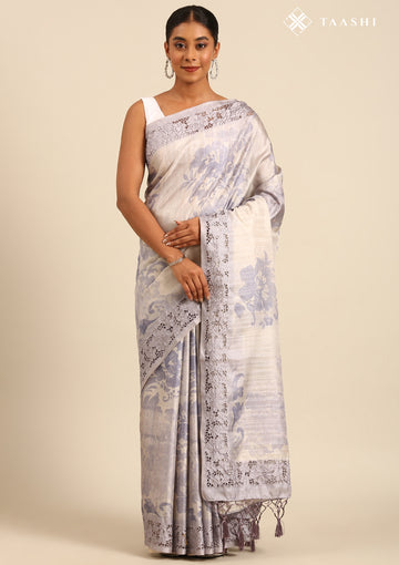 Pastel Lavender Neutral ColoRed Floral Printed EmbroideRed Cutwork Tussar Saree
