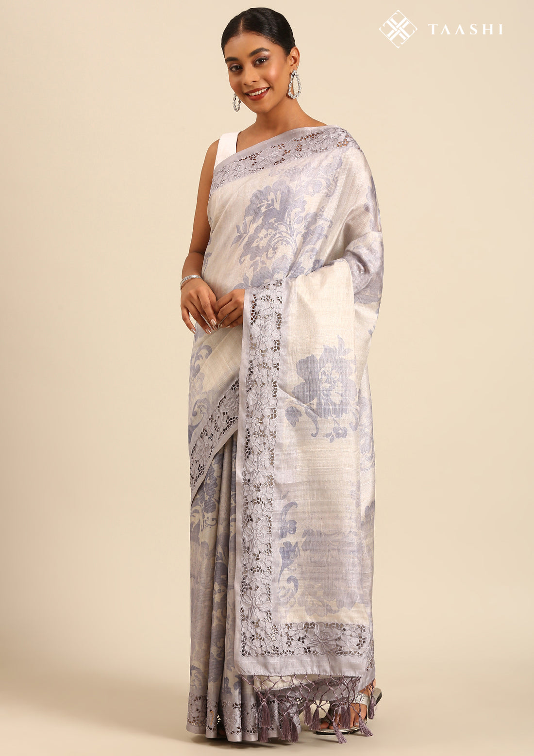 Pastel Lavender Neutral ColoRed Floral Printed EmbroideRed Cutwork Tussar Saree