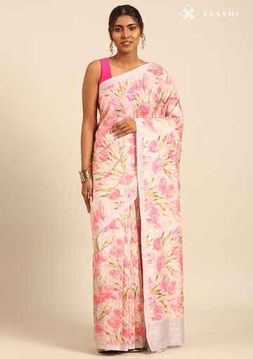 Pastel Lavender Tulip Flower Printed Tussar Saree