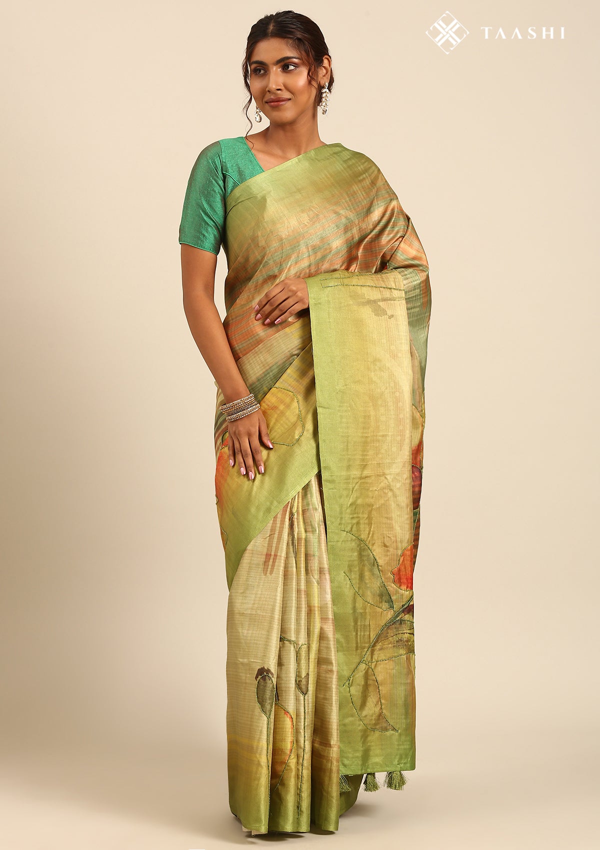 Olive Digital Print And Beads Embroidery Tussar Saree
