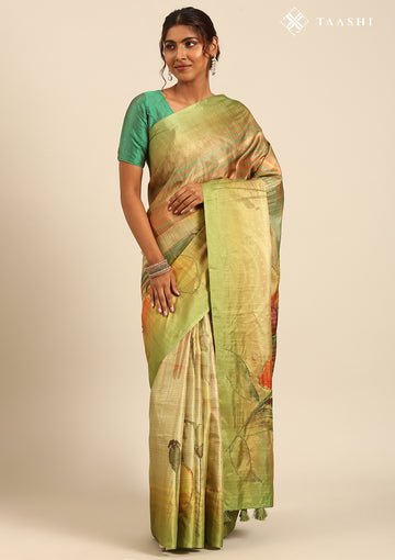 Olive Digital Print And Beads Embroidery Tussar Saree