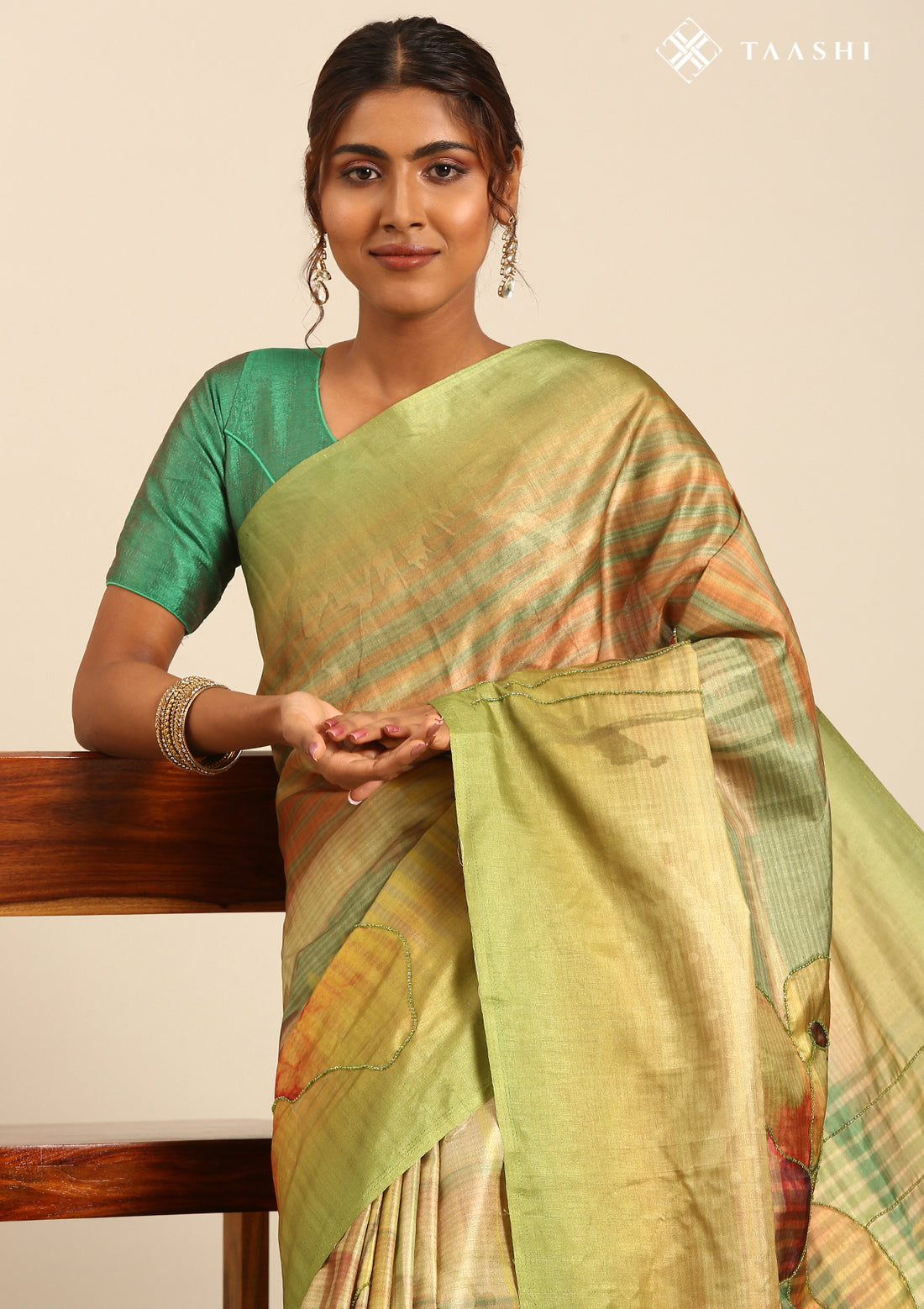 Olive Digital Print And Beads Embroidery Tussar Saree