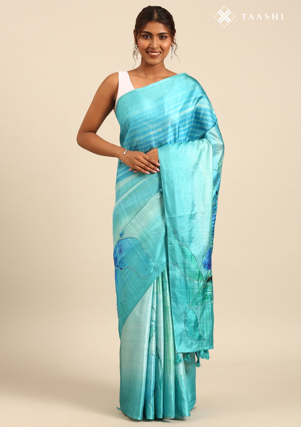 Teal Digital Print And Beads Embroideryn Tussar Saree