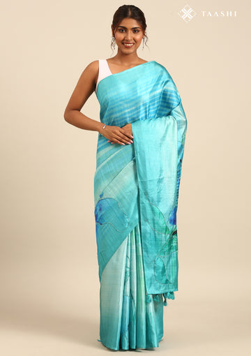 Teal Digital Print And Beads Embroideryn Tussar Saree