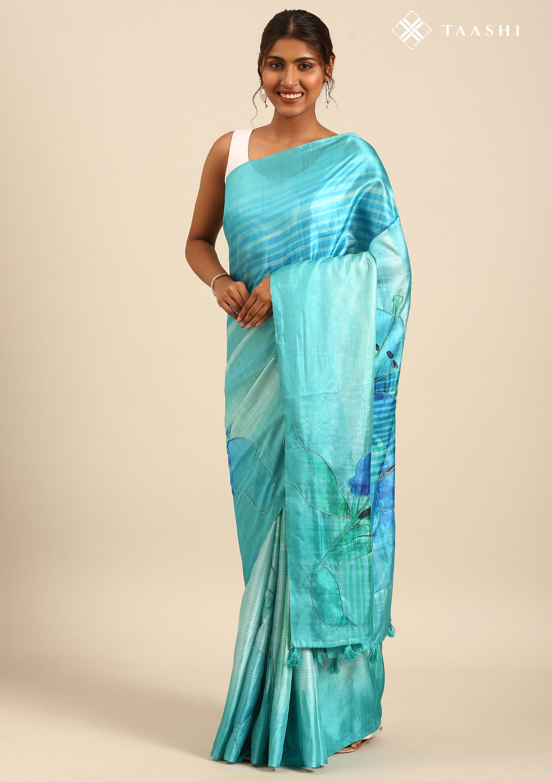Teal Digital Print And Beads Embroideryn Tussar Saree