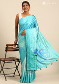 Teal Digital Print And Beads Embroideryn Tussar Saree - Taashi