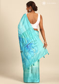Teal Digital Print And Beads Embroideryn Tussar Saree - Taashi