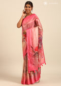 Fuchsia Pink Digital Print And Beads Tmbroideryn Tussar Saree - Taashi
