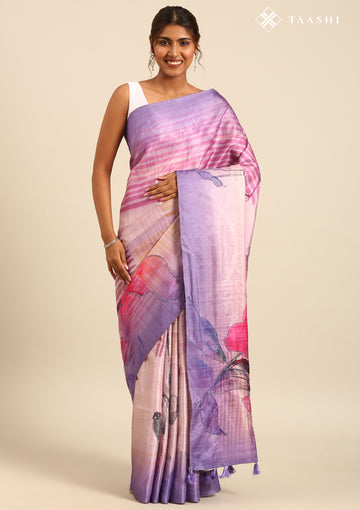 Purple Digital Print And Beads Embroidery Tussar Saree