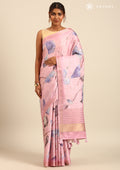Pink Digital Print  With Zari Ari Embroidery Tussar Saree - Taashi