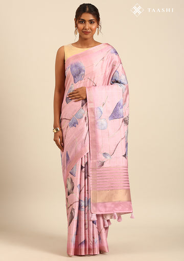 Pink Digital Print  With Zari Ari Embroidery Tussar Saree