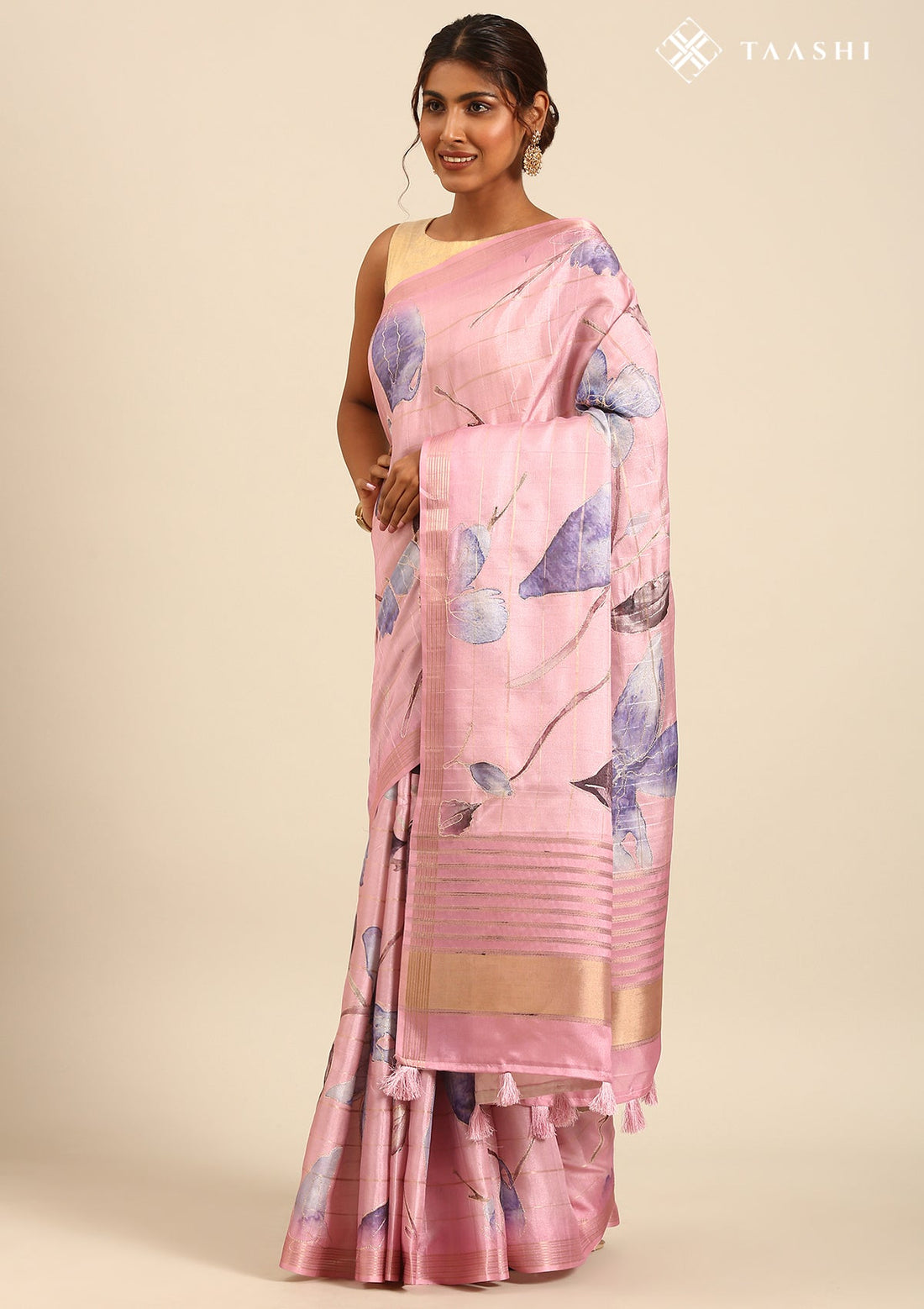 Pink Tussar Printed Embroidered Saree