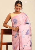 Pink Digital Print  With Zari Ari Embroidery Tussar Saree - Taashi