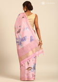 Pink Digital Print  With Zari Ari Embroidery Tussar Saree - Taashi