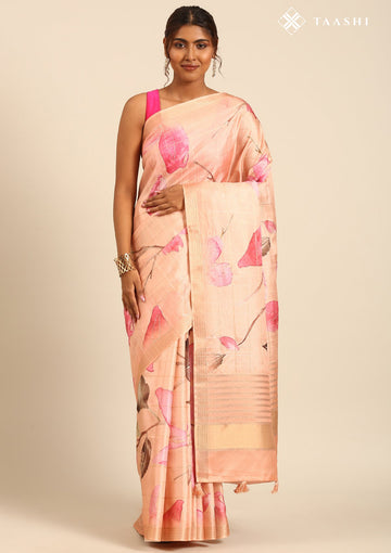 Peach Tussar Printed Embroidered Saree