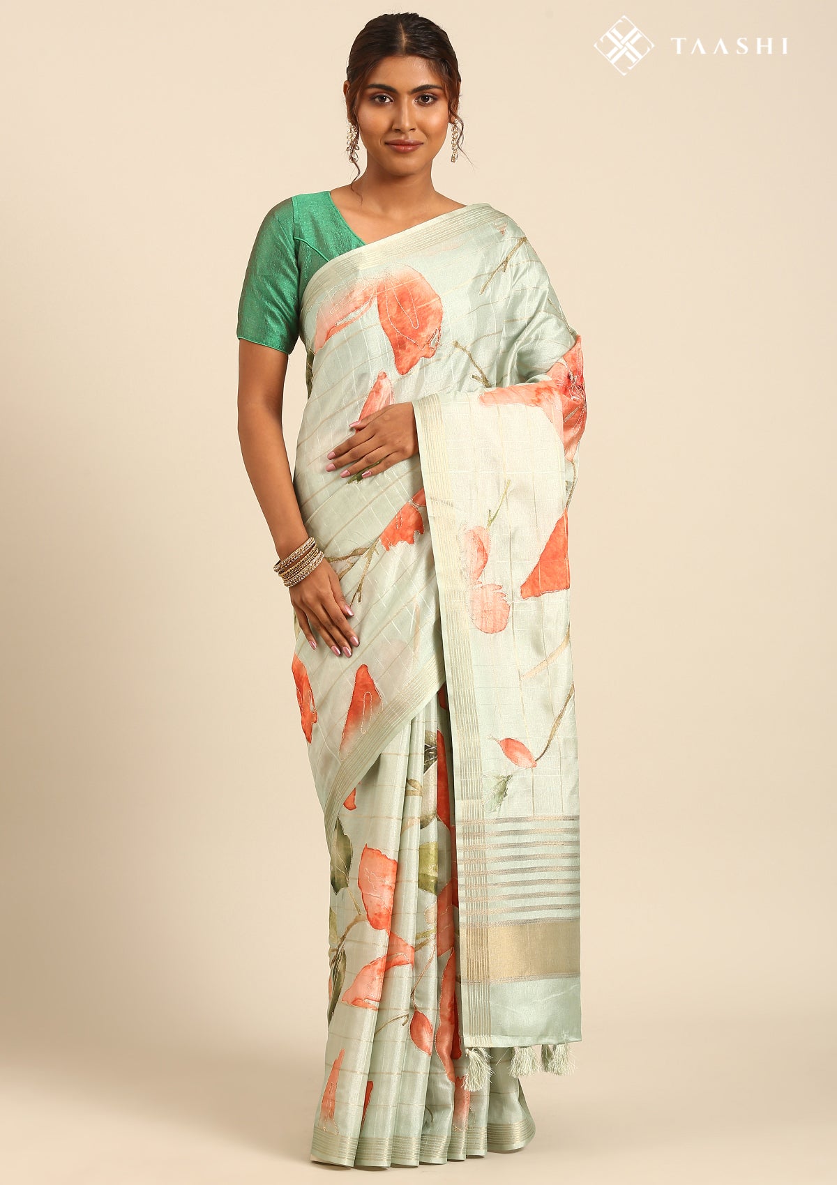 Mint Green Digital Print  With Zari Ari Embroidery Tussar Saree