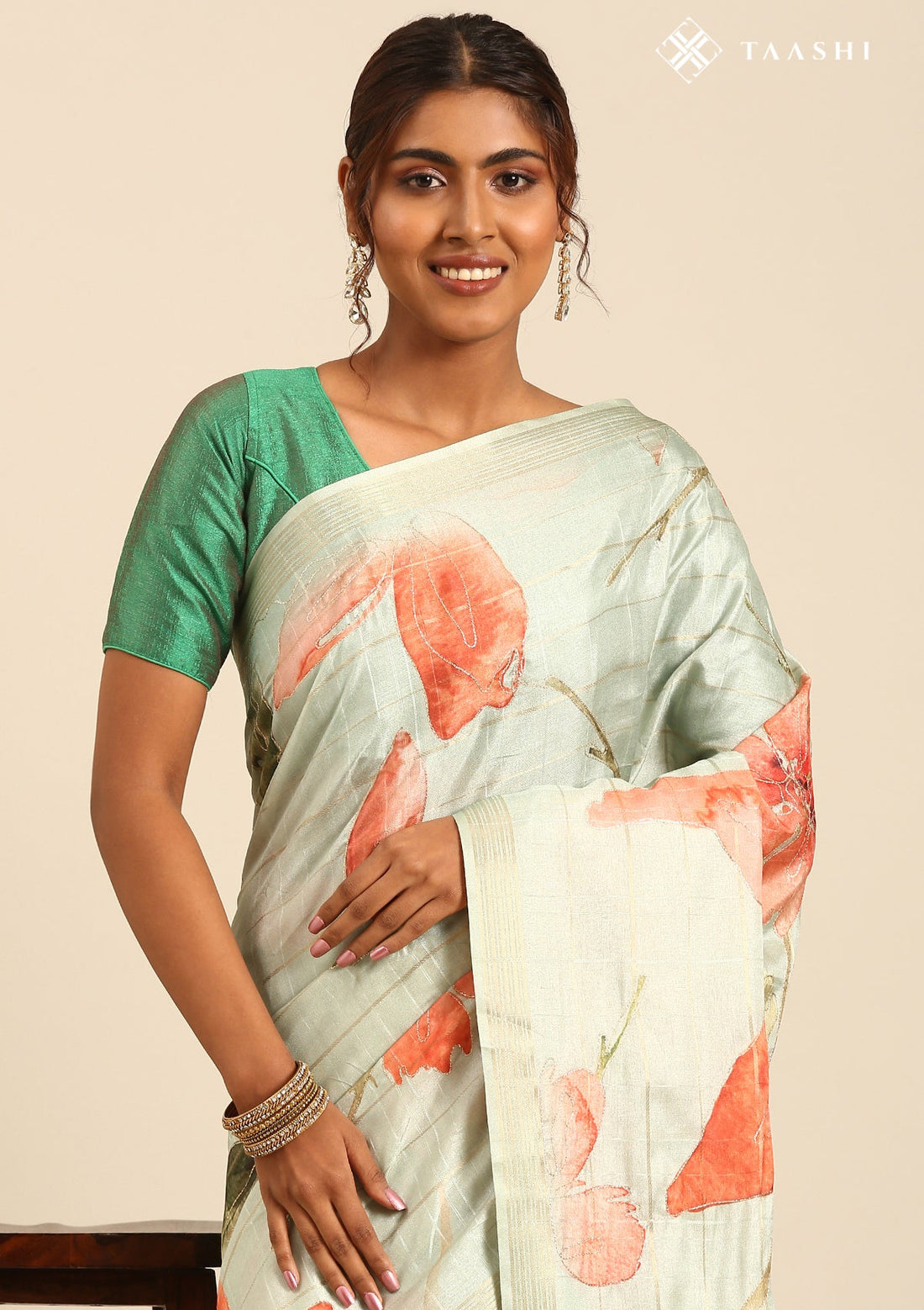 Pastel Sage Green Tussar Printed Embroidered Saree
