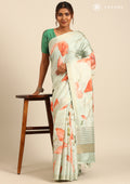Mint Green Digital Print  With Zari Ari Embroidery Tussar Saree - Taashi