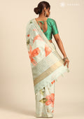 Mint Green Digital Print  With Zari Ari Embroidery Tussar Saree - Taashi