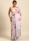 Peach Digital Print  With Zari Ari Embroidery Tussar Saree - Taashi