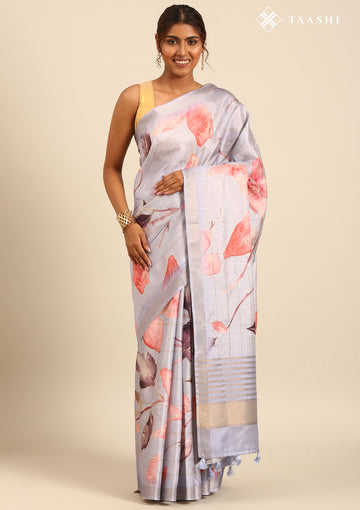 Peach Digital Print  With Zari Ari Embroidery Tussar Saree