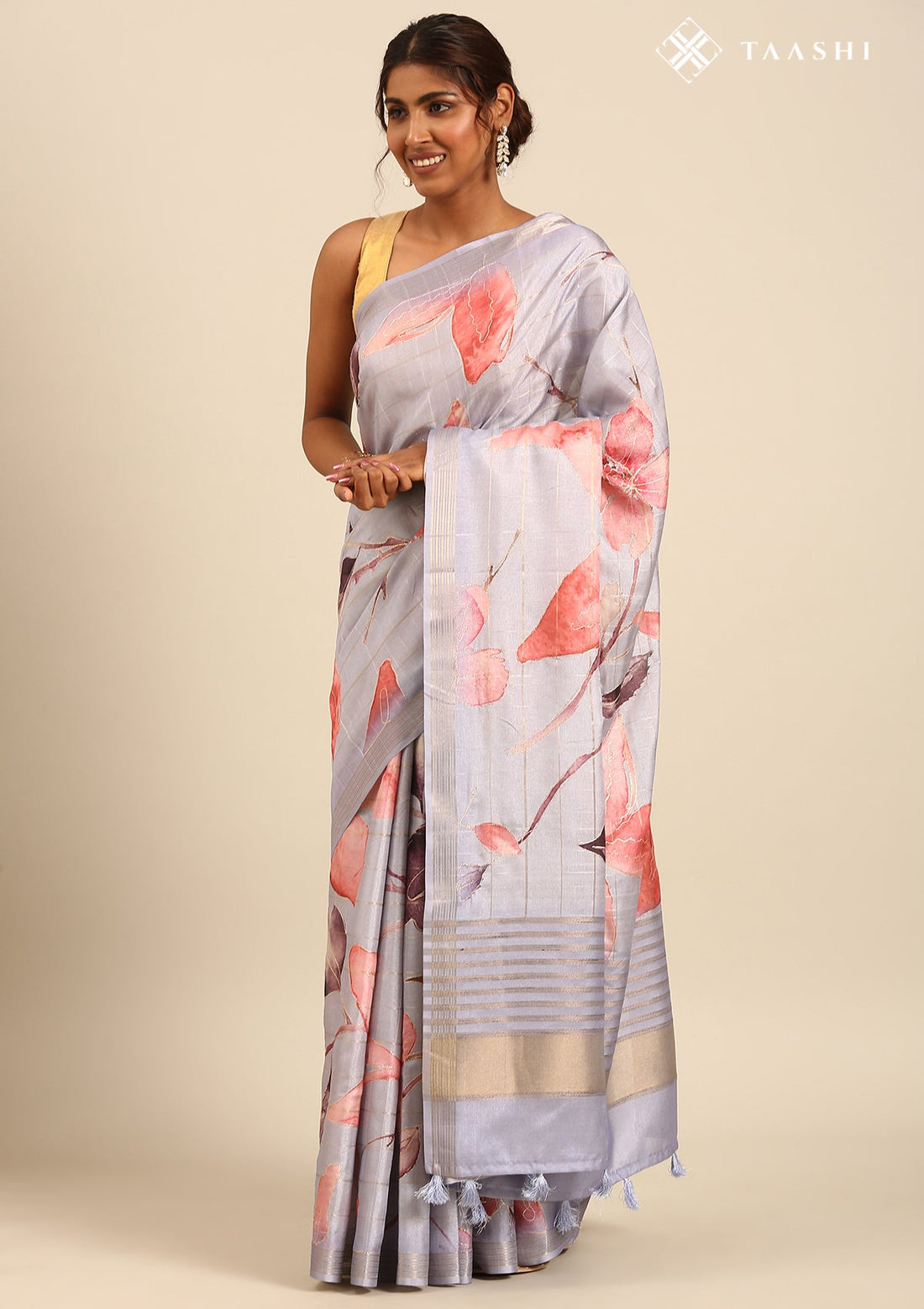 Lavender Tussar Printed Embroidered Saree