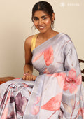 Peach Digital Print  With Zari Ari Embroidery Tussar Saree - Taashi