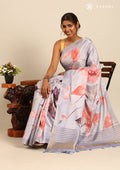 Peach Digital Print  With Zari Ari Embroidery Tussar Saree - Taashi