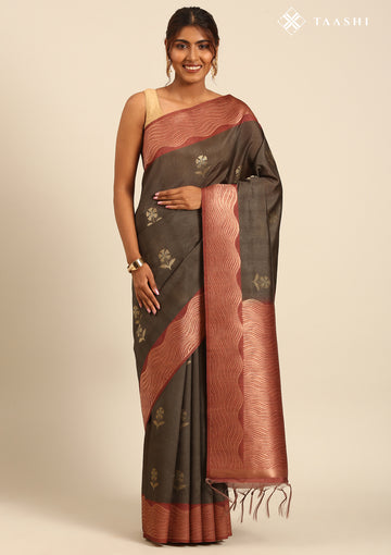 Dark Green And Maroon Floral Woven Butta Tussar Saree 