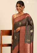 Dark Green And Maroon Floral Woven Butta Tussar SareeÂ  - Taashi