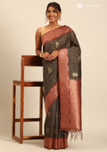 Dark Green And Maroon Floral Woven Butta Tussar SareeÂ  - Taashi