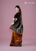 Black And Amber Golden Jacquard Woven Tussar Saree - Taashi