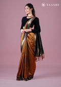 Black And Amber Golden Jacquard Woven Tussar Saree - Taashi