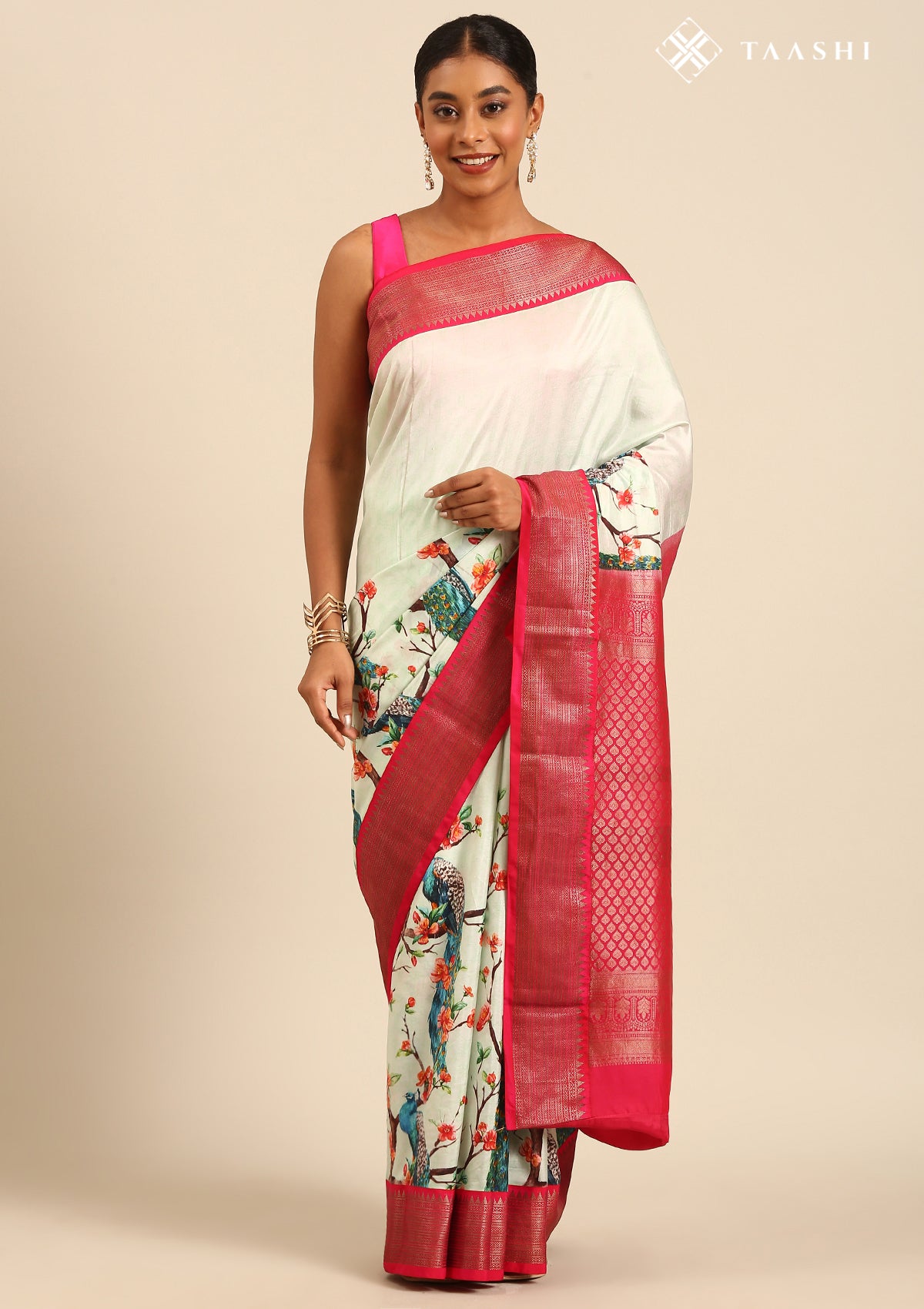 Pastel Green Flora Fauna Printed Silk Saree