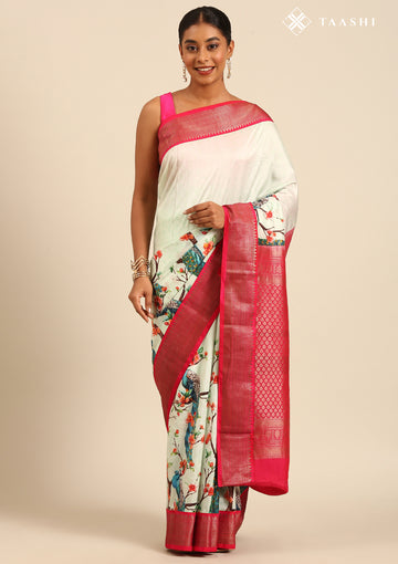 Pastel Green Flora Fauna Printed Silk Saree